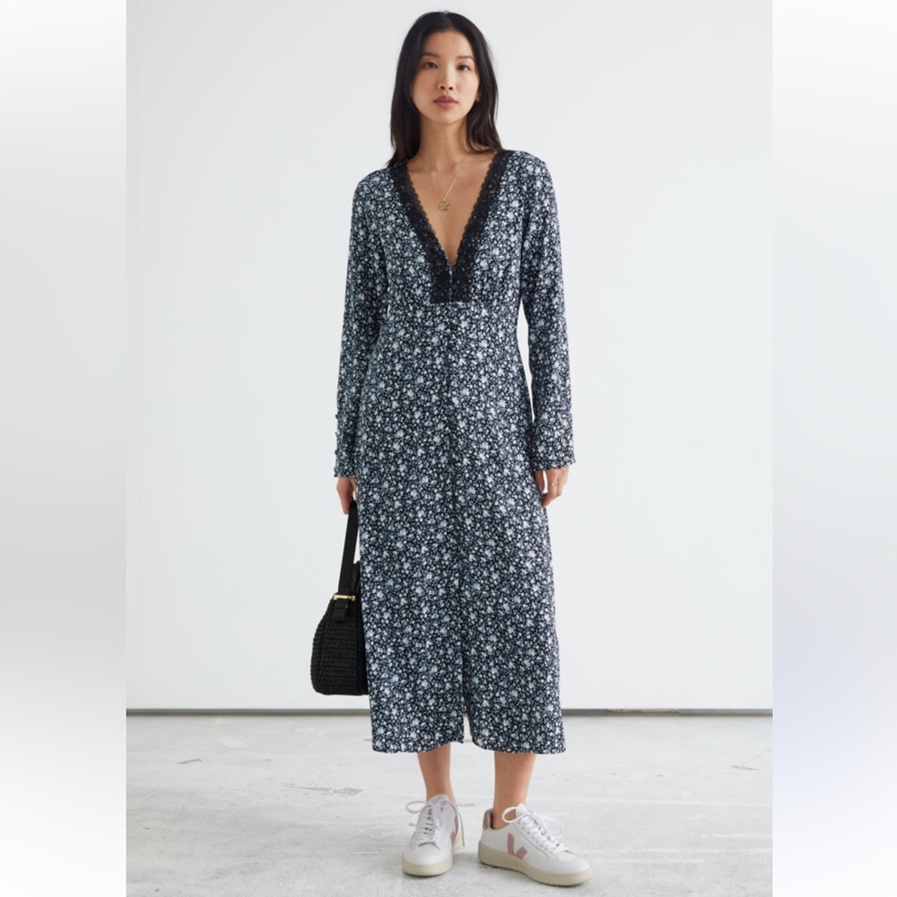 & OTHER STORIES Buttoned Floral Print Lace
Midi Dress Size 4